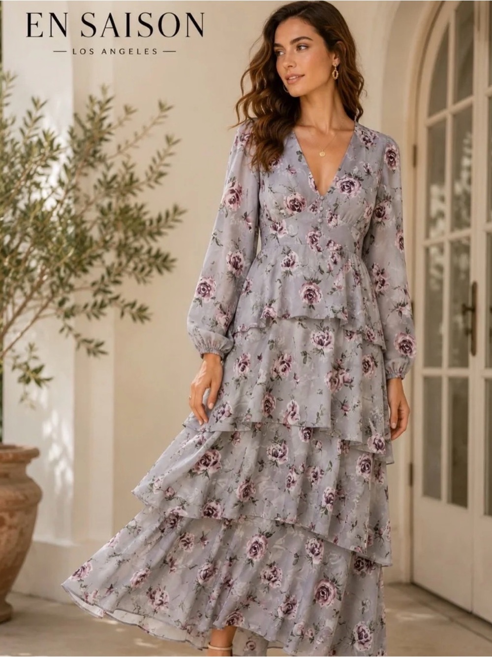 En Saison Lavender Tiered Ruffle Maxi Dress with Rose Print Size Small